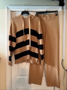 crown & ivy Tan and Black Striped Knit Hooded Jumpsuit Set